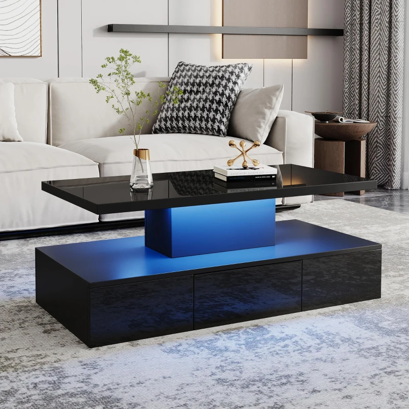 Tavolino da salotto a 2 livelli con luce LED a 16 colori, ripiano aperto e cassetto, 100x50x39 cm, Nero