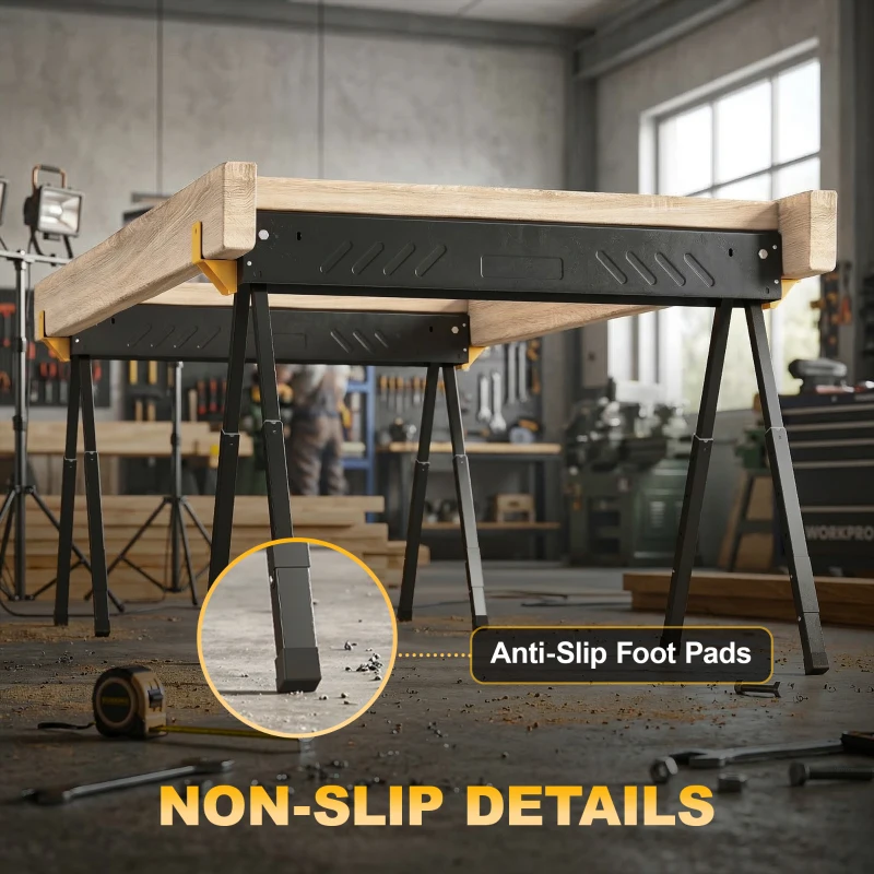 HOMCOM Set de 2 Caballetes para Sierra Plegables Altura Ajustable para Madera 2x4 con Asa Ganchos Soporta hasta 500 kg Negro