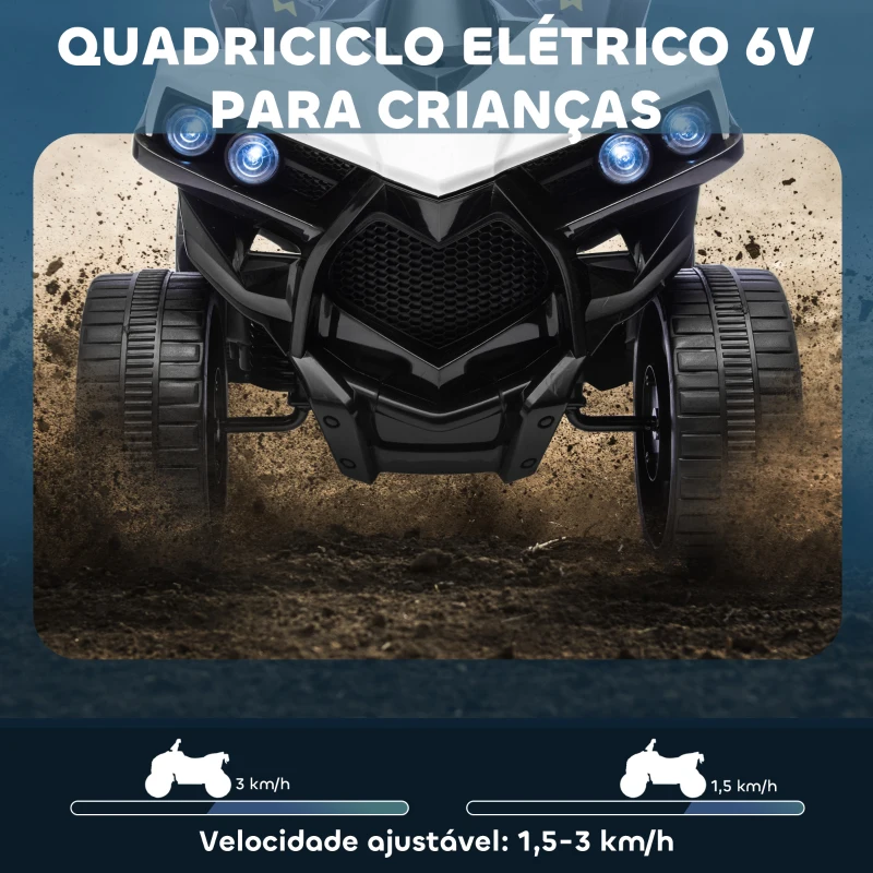 AIYAPLAY Quad Elétrico Infantil 6V Quad para Crianças dos 37 aos 72 Meses Velocidade até 3 km/h Faróis e Música 70x42x45 cm Branco