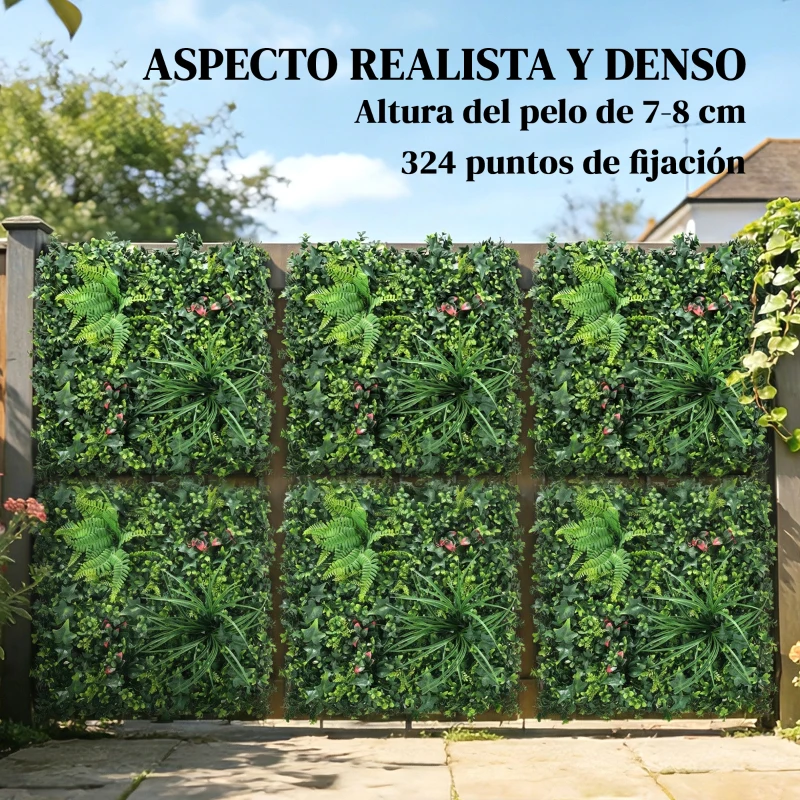 Outsunny Set de 6 Setos Artificiales Ocultación Jardín 50x50 cm Tipo Milán Fácil Montaje Anti-UV para Terraza Balcón Verde