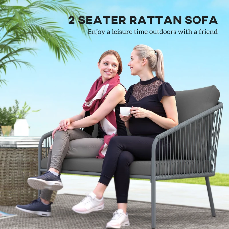 Sofa ogrodowa 2-osobowa rattanowa z poduszkami, kanapa wypoczynkowa na taras, balkon, wodoodporna, szara