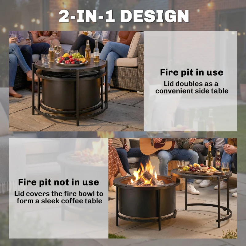 Outsunny Palenisko 66 x 63 x 41 cm Okrągłe miejsce na ognisko z rusztem, pogrzebaczem, pokrywą, stojakiem, czarne