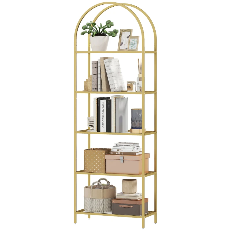 HOMCOM Estantería de Vidrio de 5 Niveles Estantería Almacenaje Estructura Arqueada Librería Estrecha 60x30x175 cm Dorado