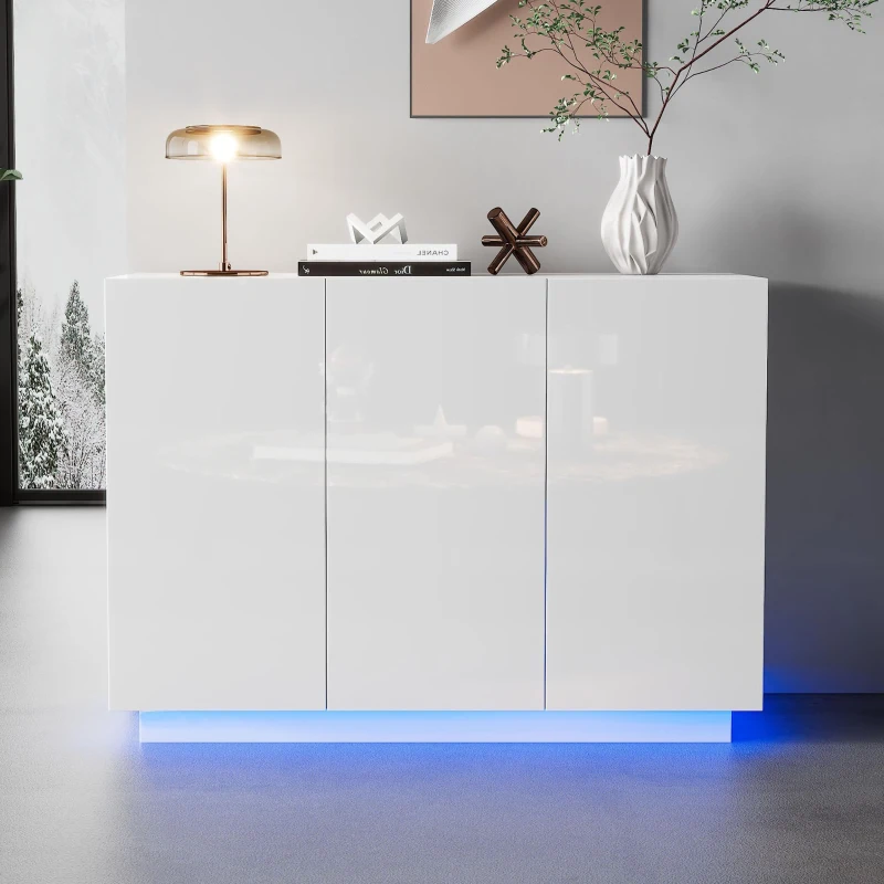 Credenza da sala da pranzo minimal con luce LED, in truciolato, 120x40x75 cm, Bianco