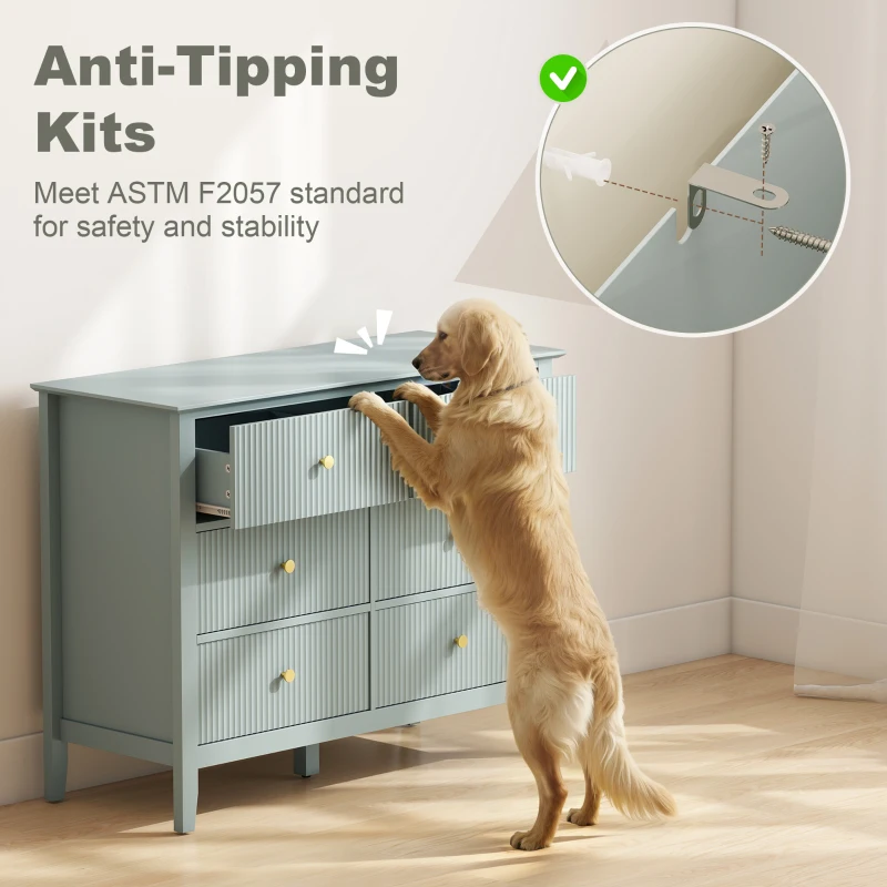 HOMCOM Fluted Dresser, 6 Drawer Chest of Drawers for Bedroom, Living Room, Hallway, Closet, Green