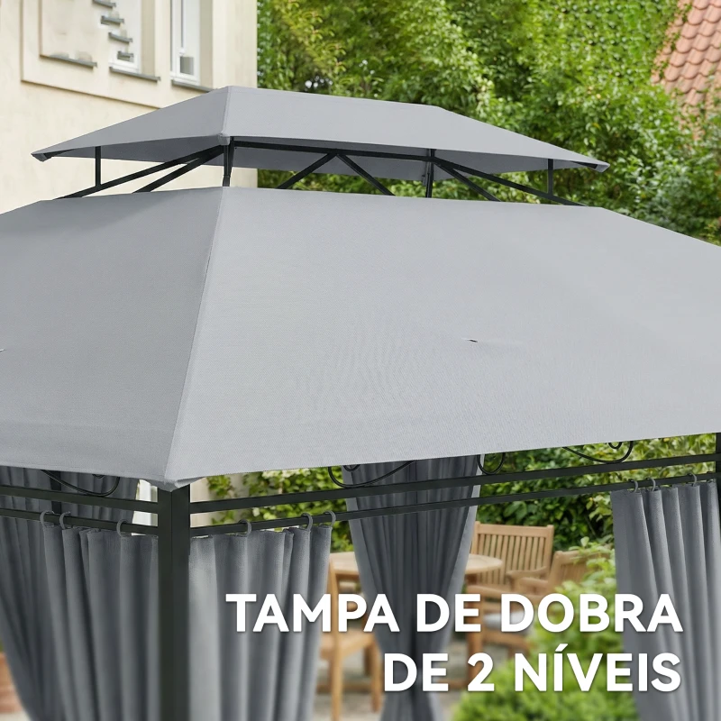 Outsunny Pérgola para Jardim 3x4 m Pérgola de Exterior com Telhado Duplo 6 Paredes Laterais Estrutura Metálica  Cinzento Escuro