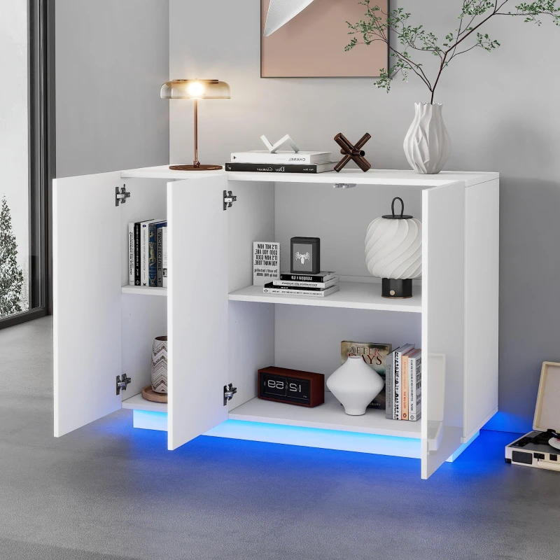 Credenza da sala da pranzo minimal con luce LED, in truciolato, 120x40x75 cm, Bianco