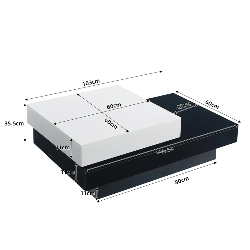 Tavolino da salotto girevole a 2 livelli con piano lucido, 103x60x35,5 cm, Bianco e Nero