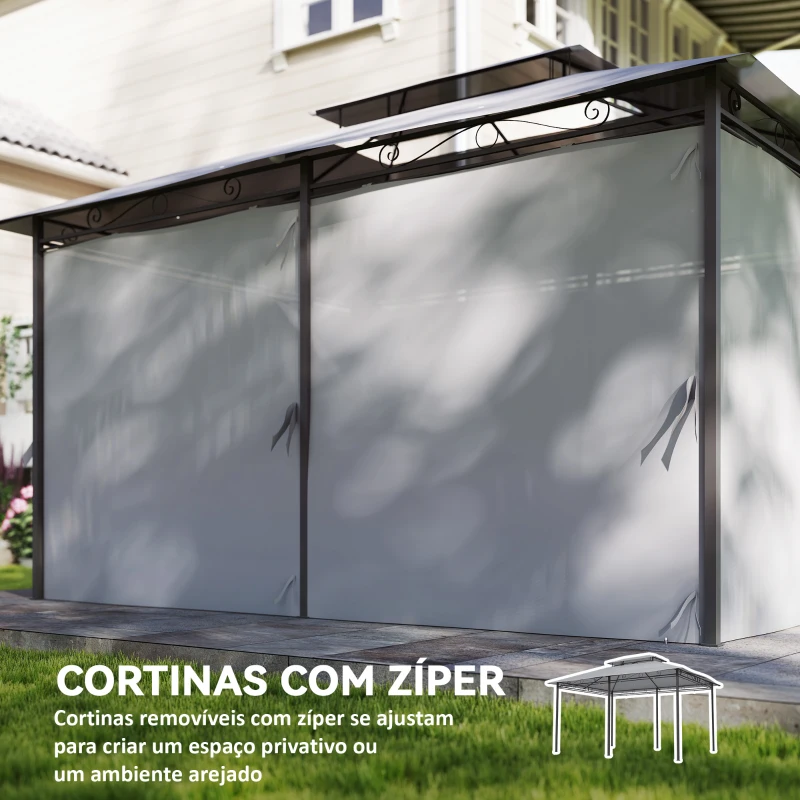 Outsunny Pérgola para Jardim 3x4 m Pérgola de Exterior com Telhado Duplo 6 Paredes Laterais Estrutura Metálica  Cinzento Escuro
