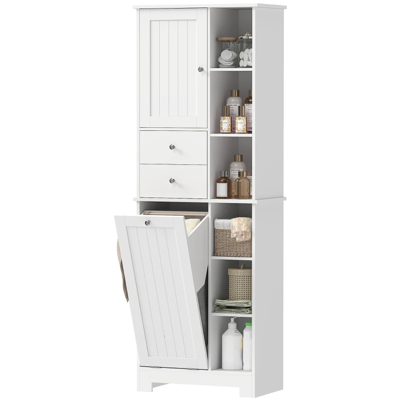 HOMCOM Armário de Casa de Banho Branco, Cesto de Roupa Inclinável, Gavetas