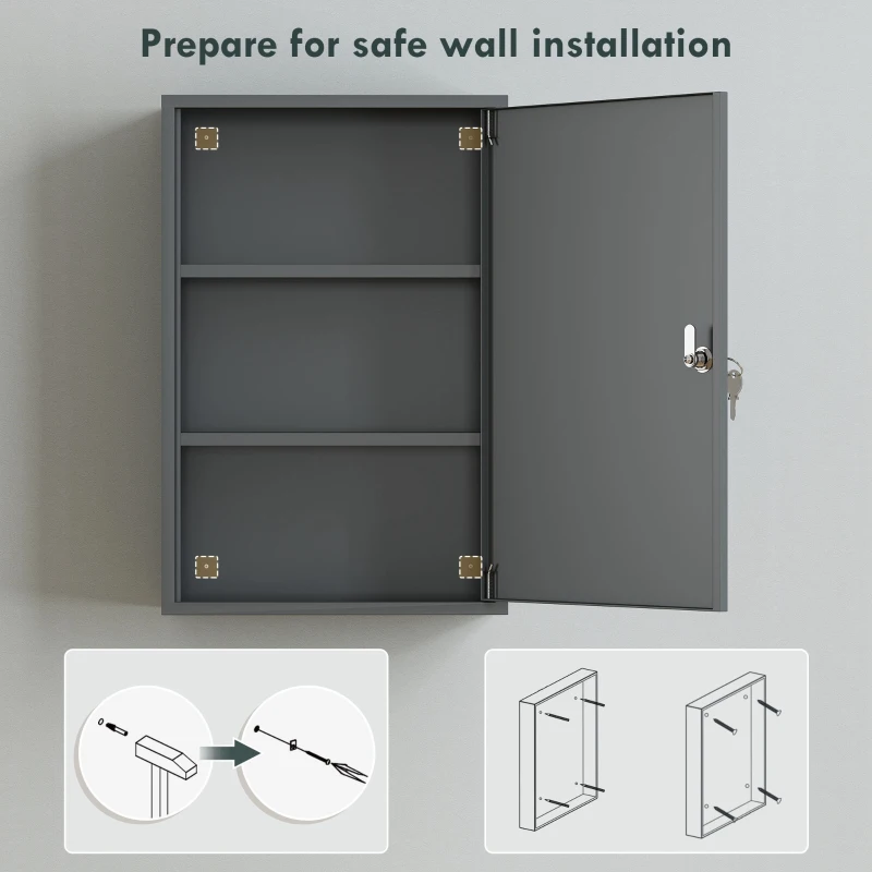 kleankin Wisząca szafka na leki, szafka łazienkowa z 3 półkami, 2 kluczami, 40 x 18 x 60 cm, szary