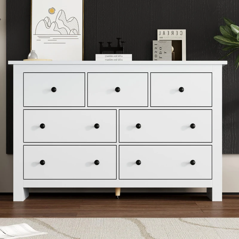 Madia credenza minimal portaoggetti con 7 cassetti, 152x40x88.5 cm, Bianco