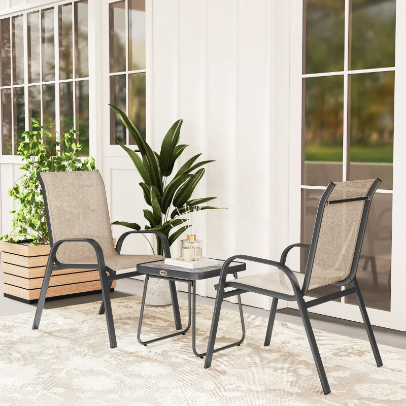 Outsunny Ensemble de jardin 3 pièces 2 chaises empilables et table carrée avec dossier haut revêtement en textilène marron