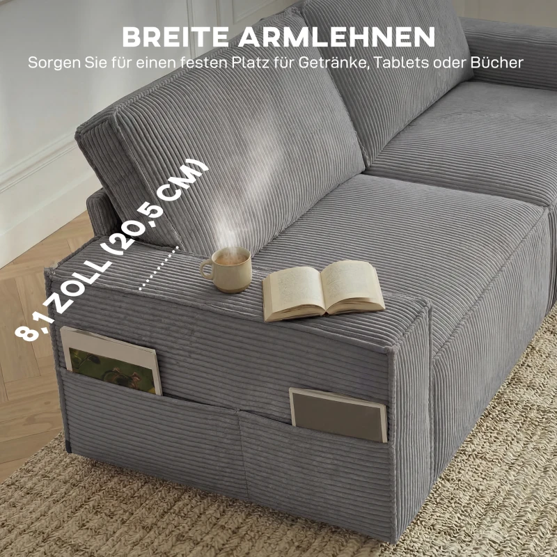 HOMCOM 218 cm 3-Sitzer Sofa, modernes Cord-Sofa mit Taschenfeder-Polsterung, breiten Armlehnen und 2 Kissen, hellgrau