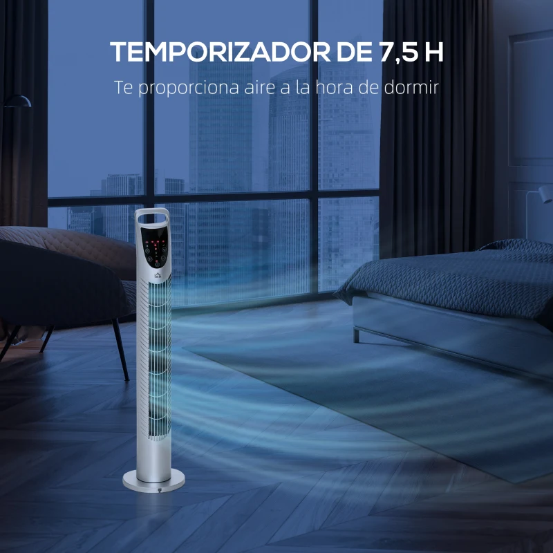 HOMCOM Ventilador de Torre Ventilador Vertical 40W con Mando a Distancia 3 Velocidades Temporizador 7,5h Ø18x78,5 cm Plata