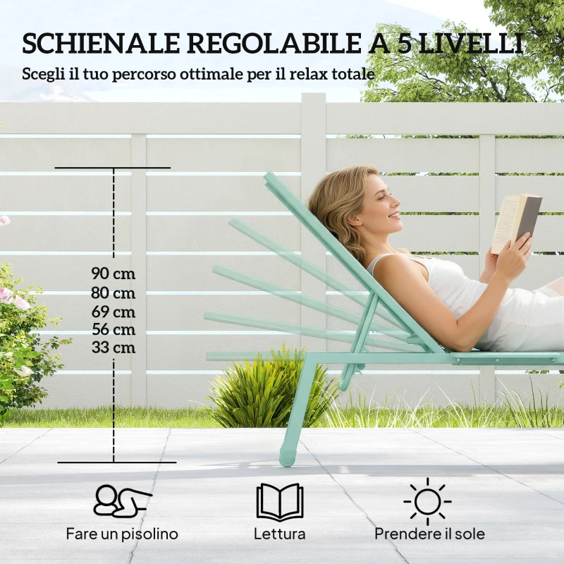 Outsunny Set 2 Lettini Prendisole Regolabili in 5 Posizioni con Tavolino Laterale e 2 Ruote, in Metallo e Poliestere, Verde