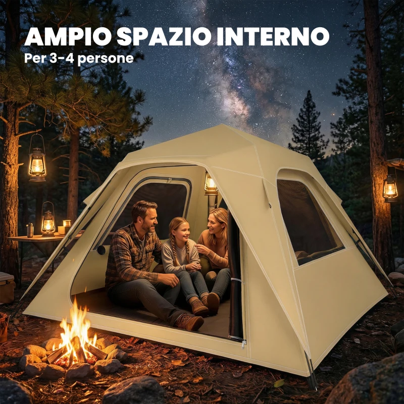 Outsunny Tenda Pop-Up per 2-3 Persone con Finestre in Rete e Borsa, 240x240x160 cm, Cachi