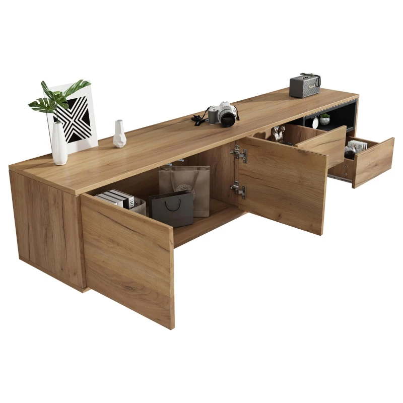 Mobile TV moderno portaoggetti con ripiani aperti, in truciolato, 173x38x48 cm, Color legno