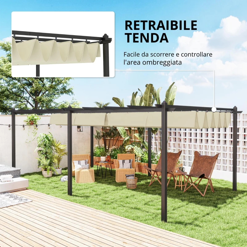 Outsunny Pergola Retrattile 3,5 x 6 m per Terrazza o Giardino, Struttura in Alluminio e Poliestere, Beige
