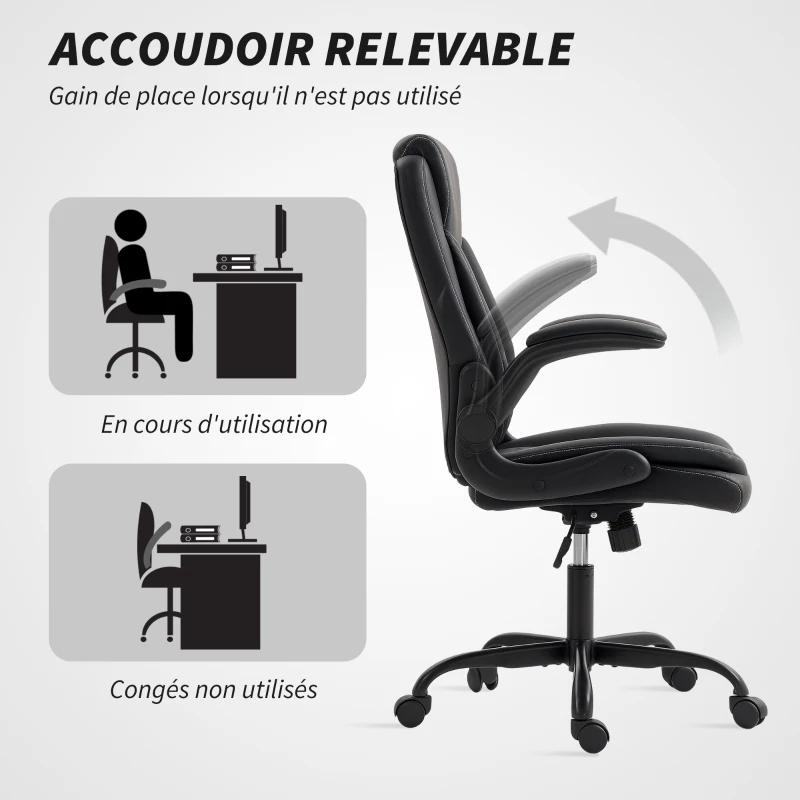HOMCOM Fauteuil de bureau, chaise bureau ergonomique avec accoudoirs relevables, hauteur réglable, fonction de bascule, noir