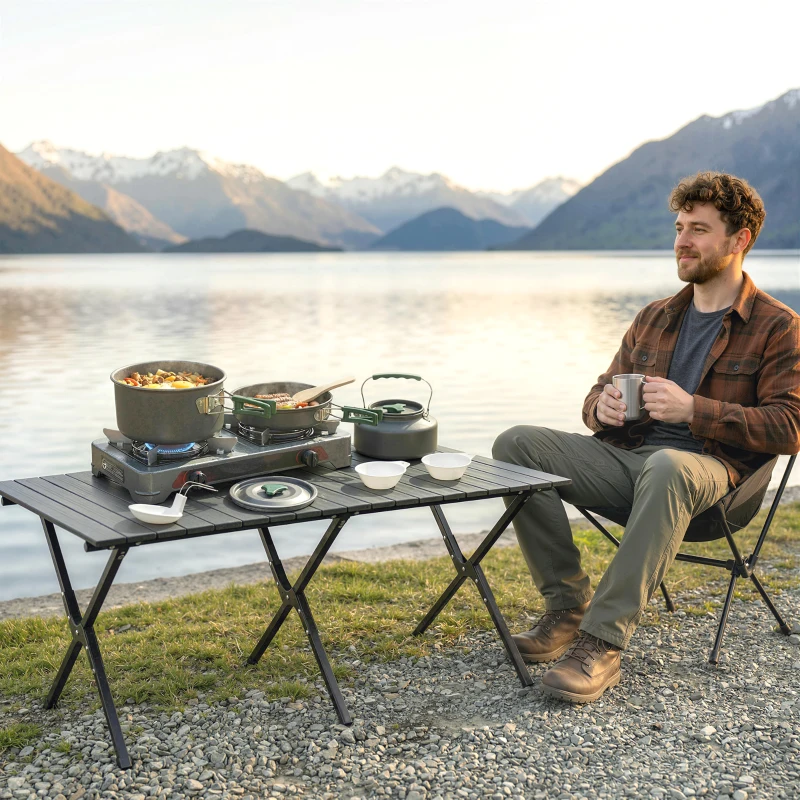 Outsunny Kit de Casseroles Camping en Aluminium 11 Pcs, avec Sac de Rangement et Poignées Anti-Brûlures, Ø19x10cm, Gris