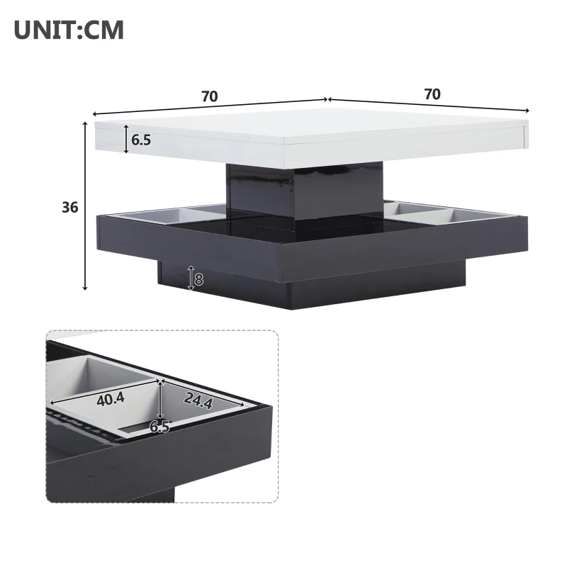 Tavolino da caffè lucido e girevole a 2 livelli con ripiano portaoggetti, 70x70x36 cm, Bianco e Nero