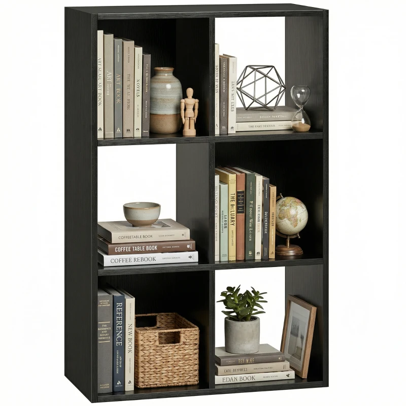 HOMCOM Industrial Style Storage Shelf, Bookcase, Bookshelf with 6 Compartments, for Living Room, Home Study, Black Wood Effect