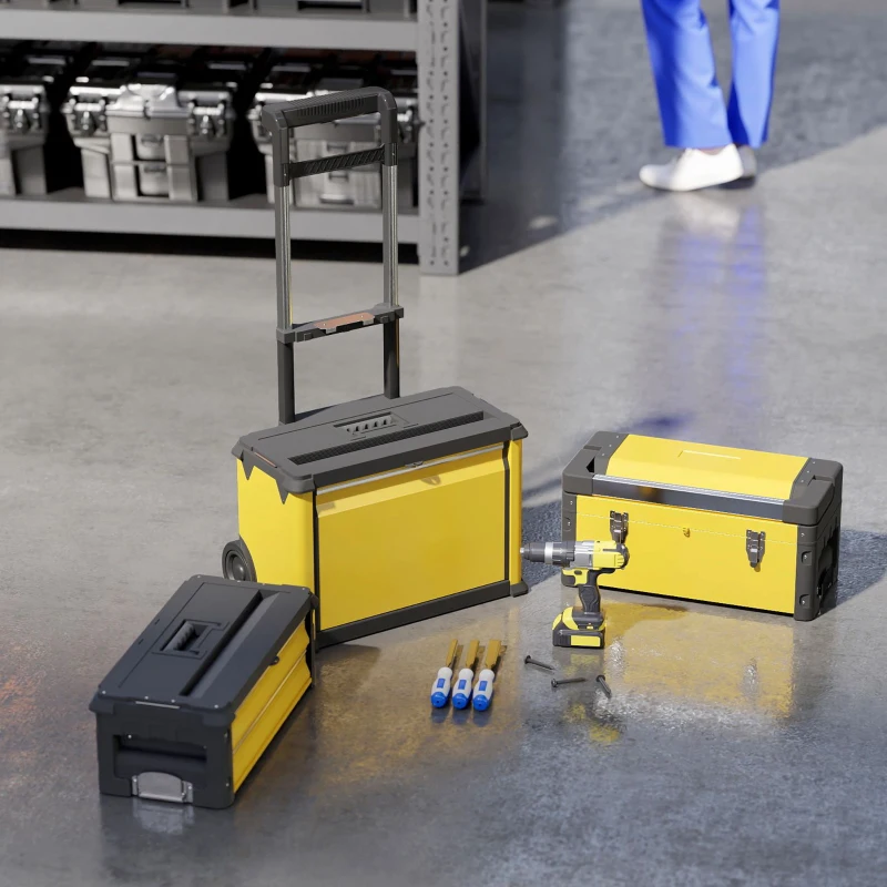 HOMCOM Lot de 3 boîtes à outils sur roulettes empilables et modulaires en acier avec plateau, poignées et serrure, jaune