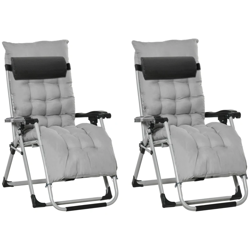 Outsunny 2 Piece Reclining Zero Gravity Chair Metal Frame Folding Garden Sun Lounger with Cushion Headrest Light Grey