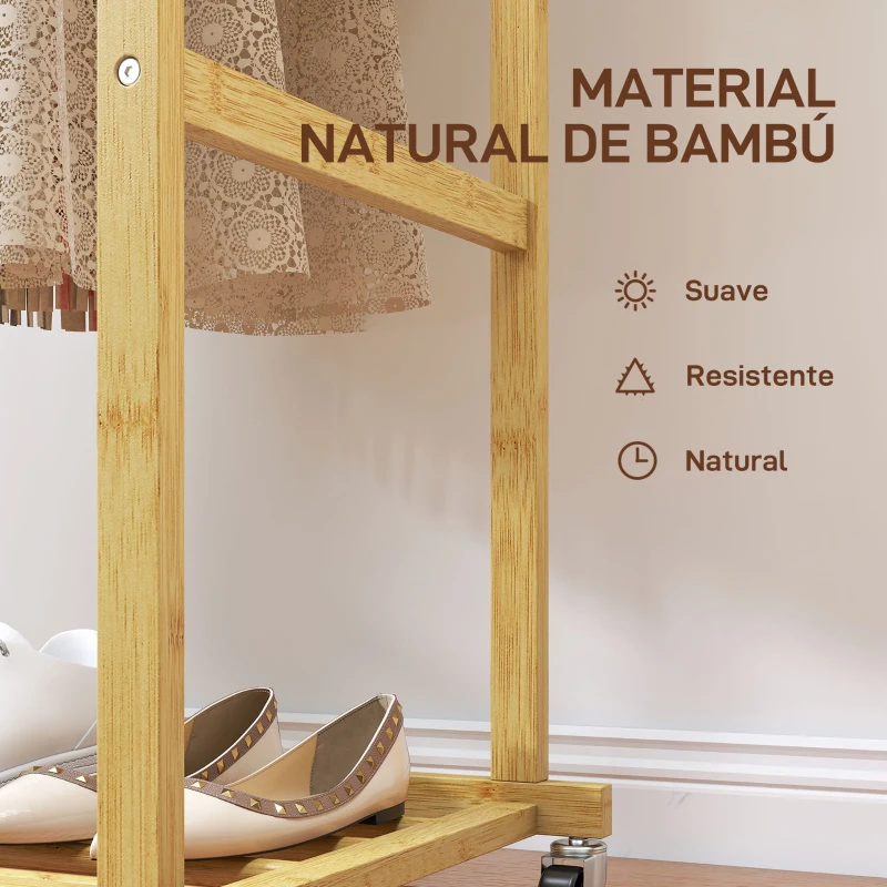 HOMCOM Perchero Colgador de Ropa de Bambú con Ruedas Estante para Zapatos 2 Barras para Colgar 80x40x160 cm Natural
