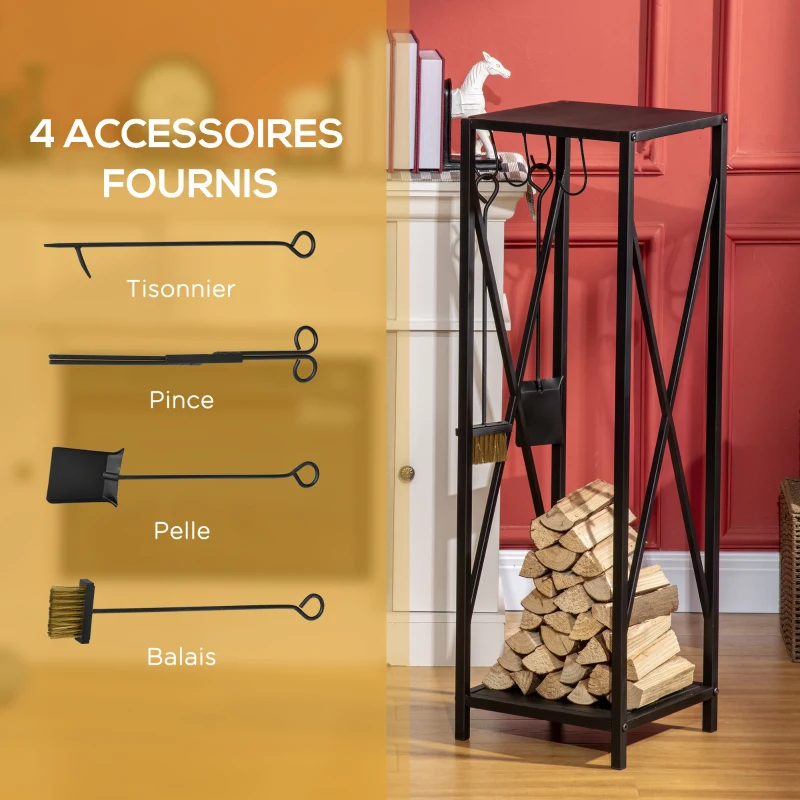 Outsunny Porte bûches - Range bûches Serviteur de cheminée Colonne - Multi Accessoires dim. 34L x 34l x 111H cm métal Noir