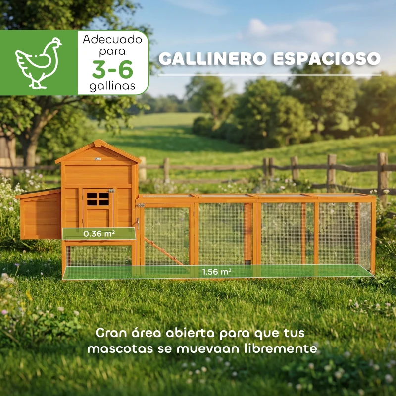 PawHut Gallinero de Madera Grande para 3-6 Gallinas con Techo Asfáltico Nido y Bandeja Extraíble 297,5x68x118 cm Natural