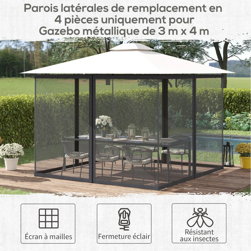 Outsunny Moustiquaires pour tonnelle barnum pavillon de jardin 3 x 4 m - lot de 4 moustiquaires zippées + crochets d'attaches