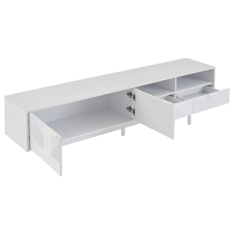 Mobile TV moderno con motivi a righe e ripiani aperti, in truciolato, 200x40x51 cm, Bianco