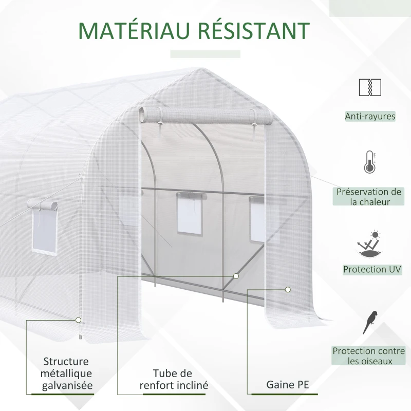 Outsunny Serre tunnel de jardin 8m², serre de jardin tunnel avec 2 portes et 6 fenêtres, bâche PE 140g/m² 400x200x200cm blanc
