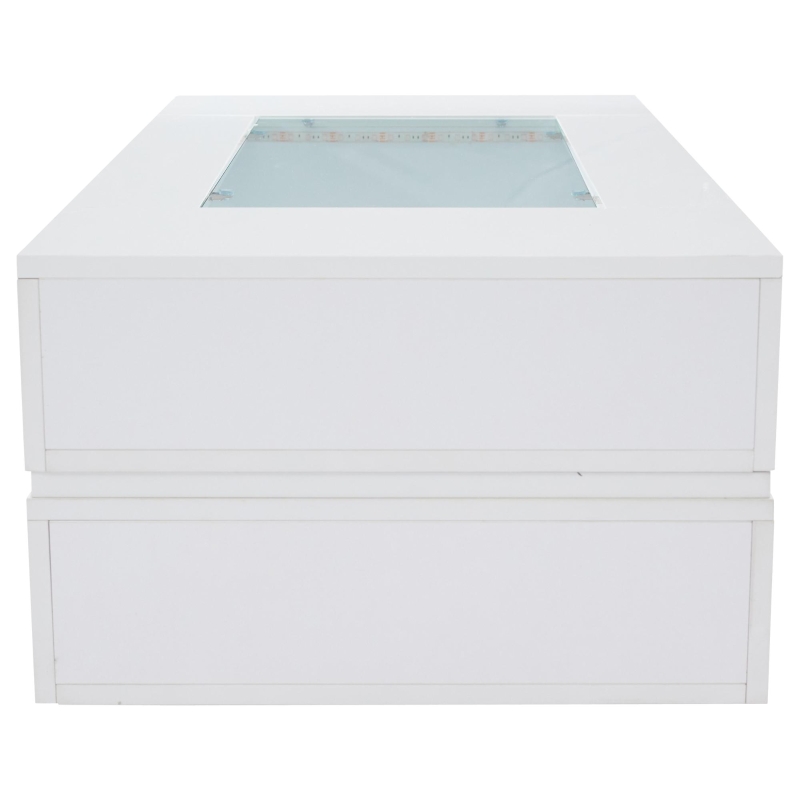 Tavolino da salotto a LED con controllo tramite app Bluetooth, piano in vetro e design cavo, 100x50x35 cm, Bianco