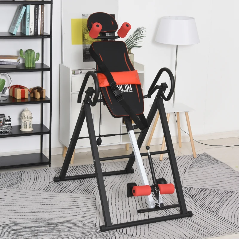 HOMCOM Table d'inversion de musculation pliable ceinture de sécurité réglable angle inversé ajustable 3 niveaux acier rouge noir