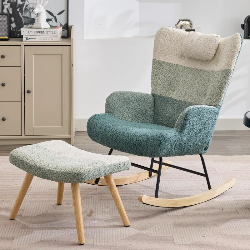 Fauteuil à bascule en bouclé au motif patchwork rayé coloré avec design ergonomique et dossier haut, Multicolore