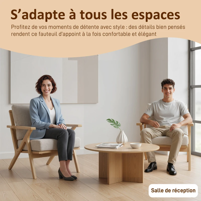 HOMCOM Fauteuil salon, fauteuil scandinave en tissu effet lin, coussins rembourrée et pieds en bois d'hévéa, 76x87x88cm, beige