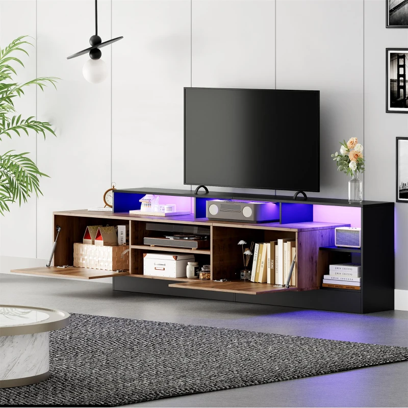 Dulap TV modern, cu iluminare LED și spațiu de depozitare deschis, 190x40x48,5 cm, Negru + Culoare naturală