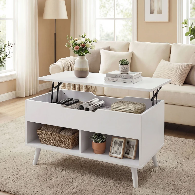 HOMCOM Table basse avec plateau relevable et espace caché, 75 cm Blanc poinçonné
