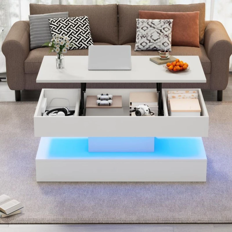 Tavolino da salotto moderno con illuminazione LED e spazio a scomparsa, 100x50x42 cm, Bianco