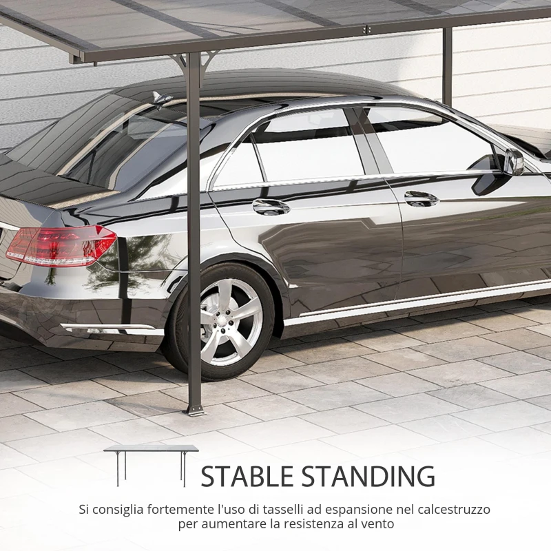 Outsunny Pergola rigida in alluminio e policarbonato, padiglione da giardino e carport 500 x 299 x 195/223 cm grigio