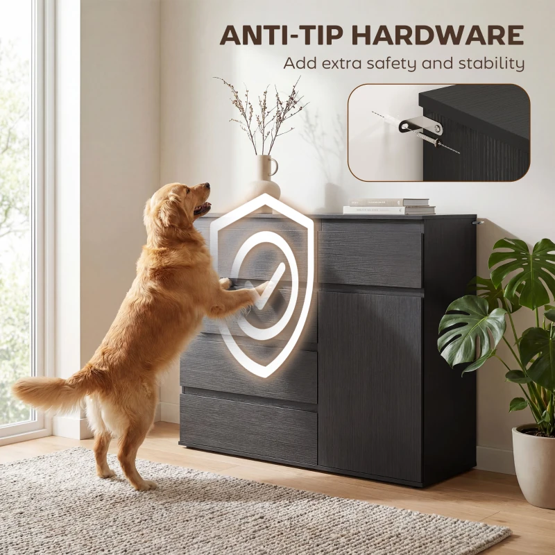 HOMCOM Modern Sideboard, Sideboard Storage Cabinet with 5 Drawers, Adjustable Shelf, Soft-Close Door, Black