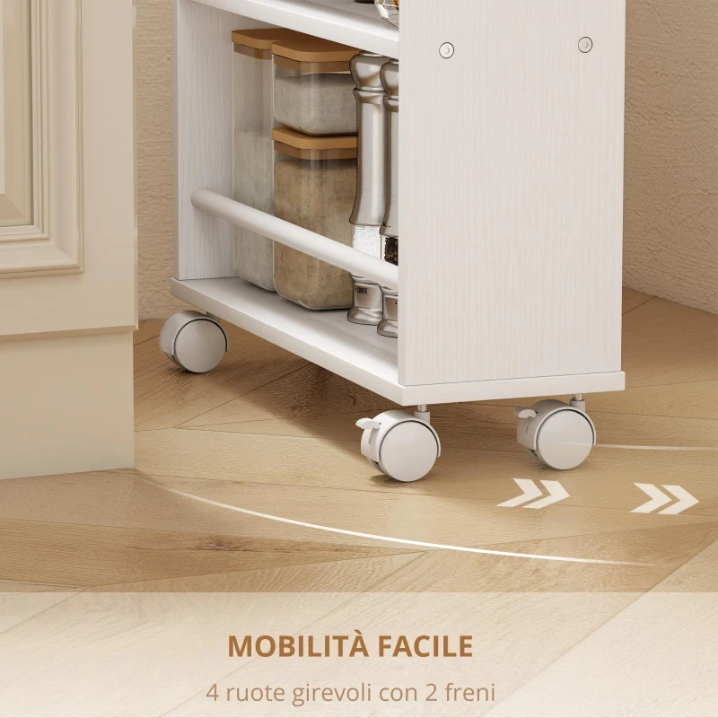 HOMCOM Scaffale multifunzione con ruote, struttura sottile, 4 scomparti, 45x15x91 cm, Legno naturale