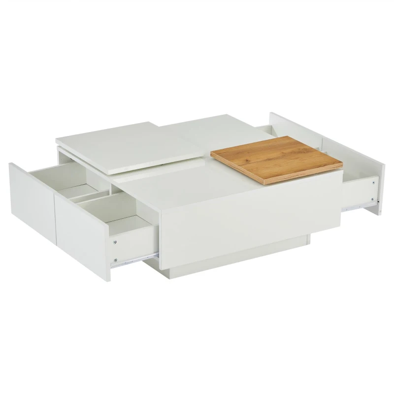 Tavolino da caffè moderno e lucido con piani scorrevoli e 4 cassetti, 75x75x33 cm, Bianco e color legno