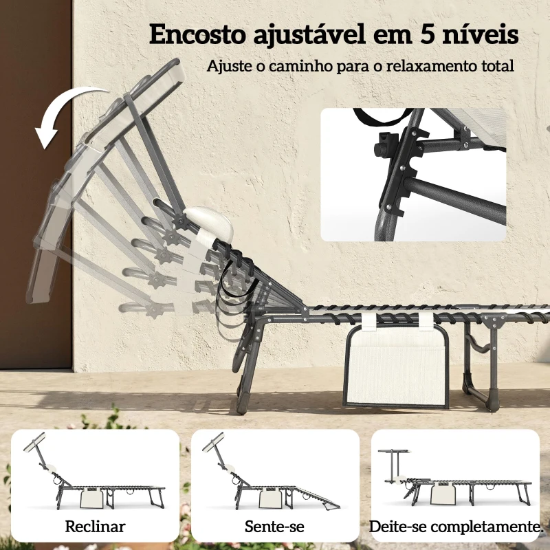 Outsunny Conjunto de 2 Espreguiçadeiras Jardim Dobráveis com Encosto Reclinável 5 Posições e Assento em Malha Creme