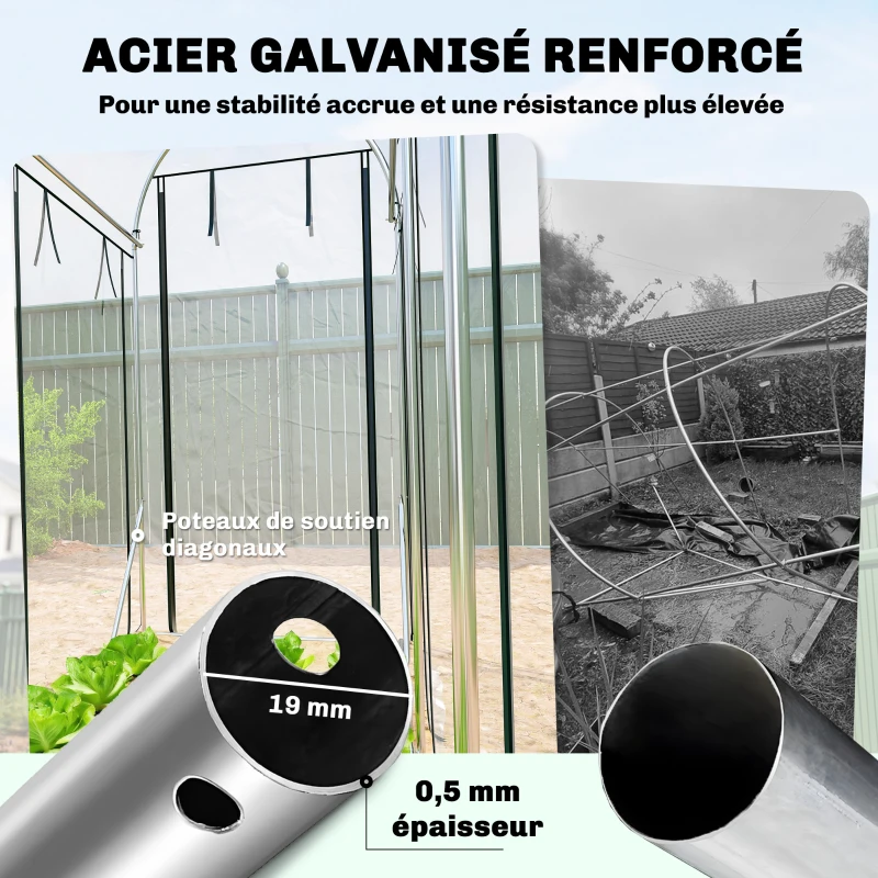 Outsunny Serre tunnel de jardin 3 m², serre de jardin, cadre en acier galvanisé, 8 portes roulantes, 295x100x197cm, transparent