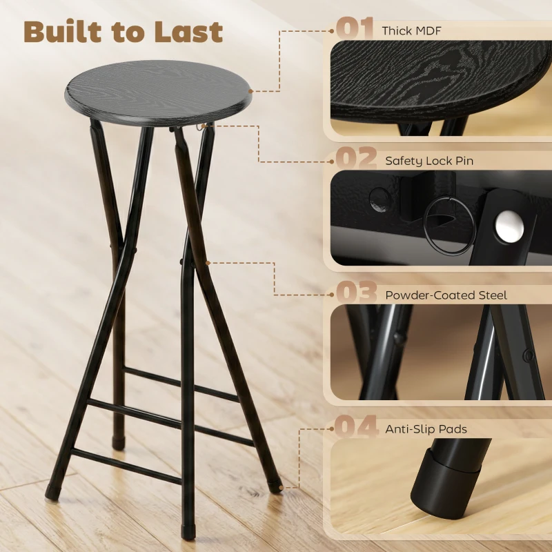 HOMCOM Hokery barowe 2 sztuki, składane hokery ze stalową ramą, krzesła kuchenne z podwójną podpórką na nogi, wymiary 34 x 30 x 70 cm, czarne