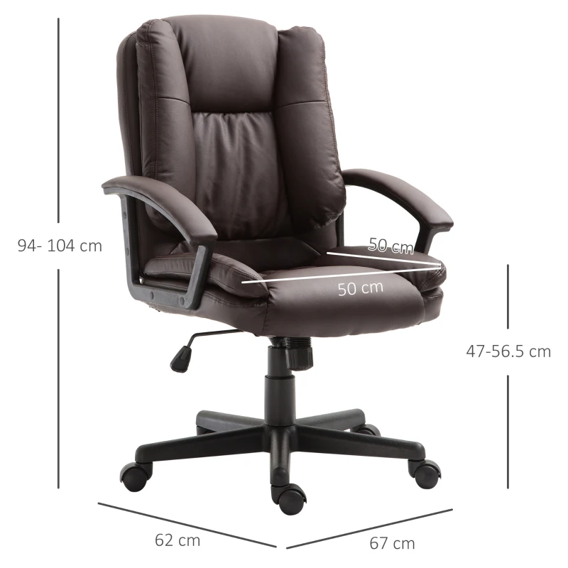 HOMCOM Mid Back Executive Office Chair, Faux Leather Computer Desk Chair with Swivel, Double-Tier Padding, Arm, Wheels, Brown(m-15)